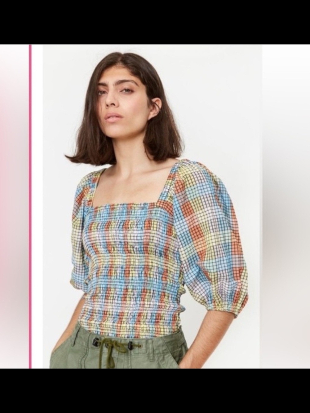 Ganni Multi-Color Smocked Plaid Square-Neck Puff Sleeve Top